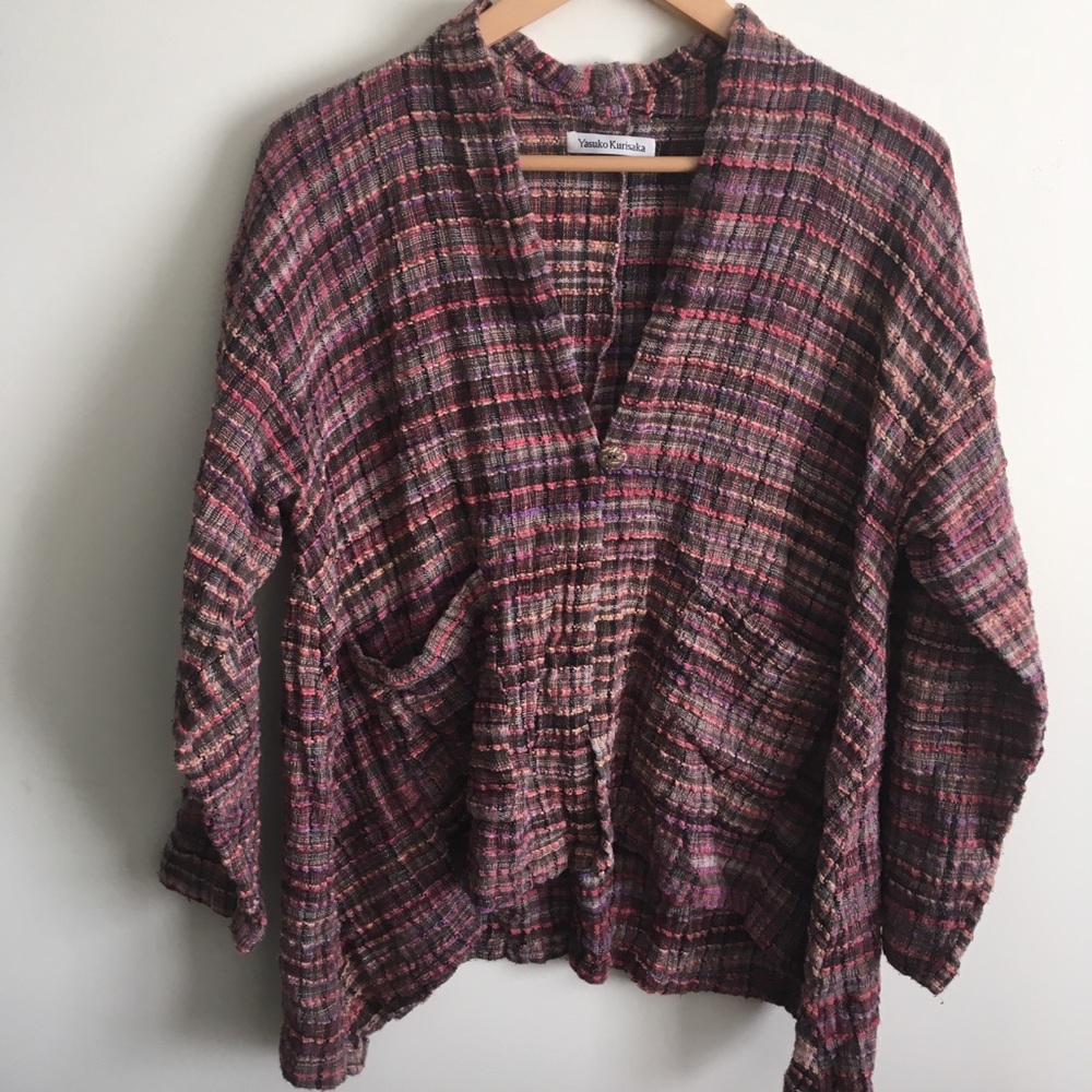 Yasuko Kurisaka | Lightweight Cotton Pink and Purple Plaid Cardigan OS